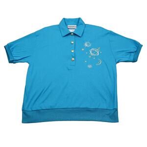 PETERPOPOVITCH Shirt Womens M Blue Short Sleeve Shoulder Pads Collared Button